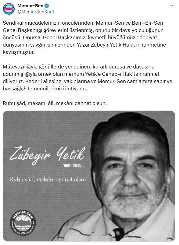 Memur-Sen Onursal Genel Başkanı Zübeyir Yetik hayatını kaybetti (Zübeyir Yetik kimdir?)