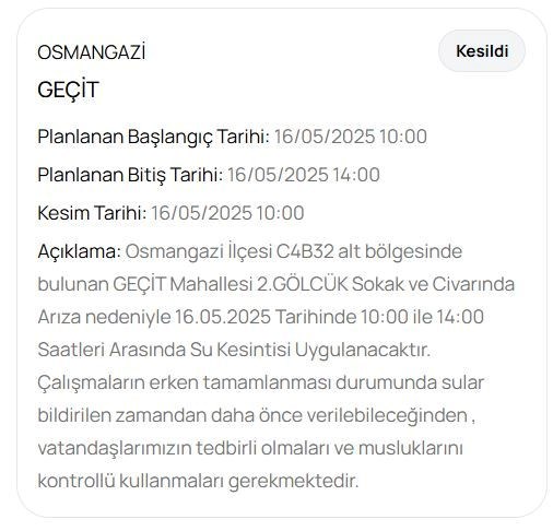 Bursa’da 3 gün sürecek su kesintisi: Sular ne zaman gelecek? BUSKİ duyurdu
