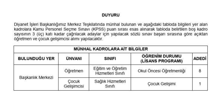 Diyanet İşleri Başkanlığı öğretmen ve çocuk gelişimci alımı başvurusu ne zaman?
