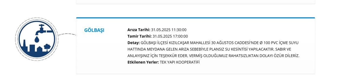 ASKİ su kesintisi programı 31 Mayıs: Ankara (Sincan, Çubuk, Mamak, Gölbaşı’da) sular ne zaman gelecek?