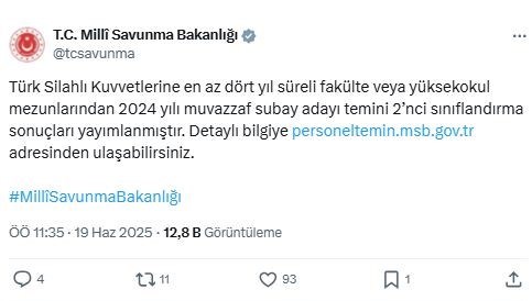MSB 2024 yılı muvazzaf subay adayı temini 2’nci sınıflandırma sonuçları açıklandı