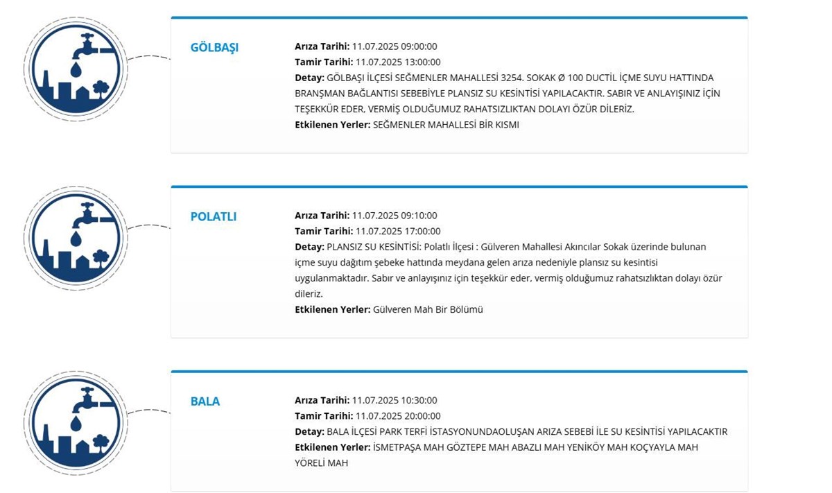 Ankara’da (Ayaş, Gölbaşı, Polatlı, Bala) su kesintisi: Ankara’da sular ne zaman gelecek?