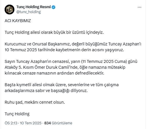 Dinçer Azaphan’ın babası Tunç Holding Kurucusu Tuncay Azaphan hayatını kaybetti