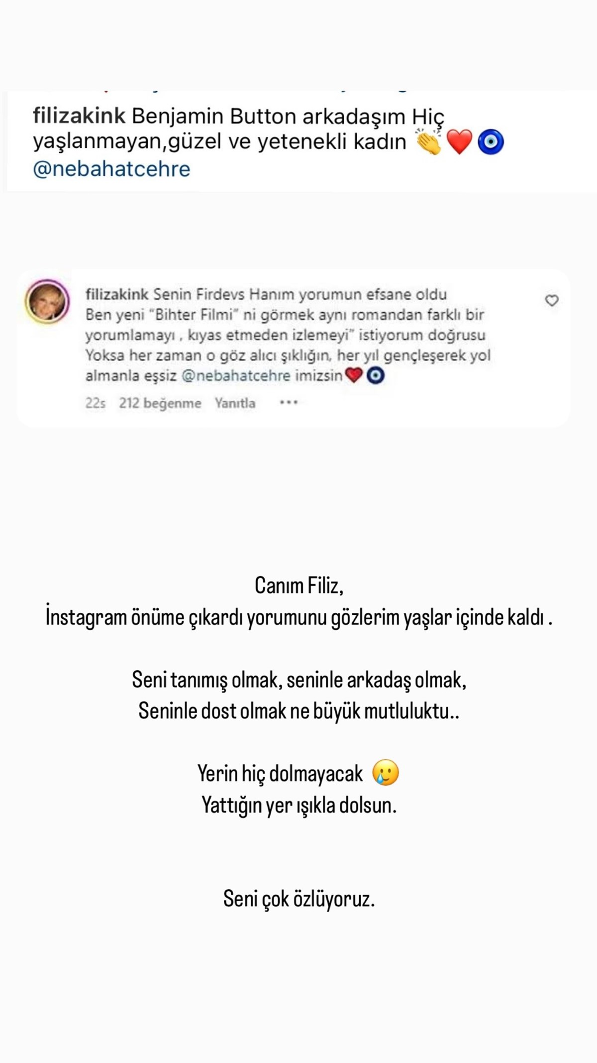 Nebahat Çehre, Filiz Akın’ı andı: Gözlerim yaşlar içinde kaldı